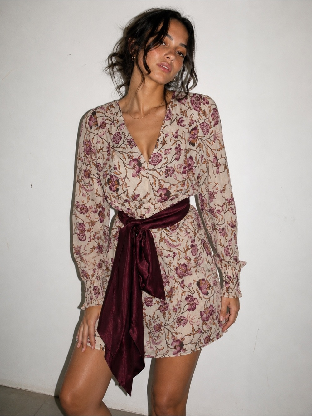 Spartina 449 Floral Wrap Dress Burgundy Sash Size Small